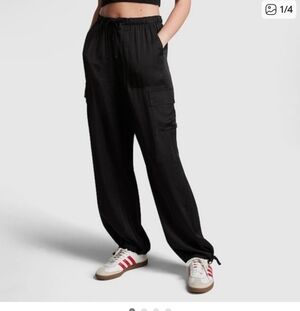 Victoria's Secret Pink Black Satin Parachute Cargo Pants NWT